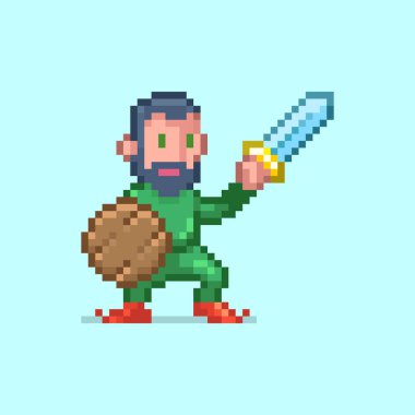 8bit renkli basit vektör pikseli resim çizimi kılıç ve ahşap kalkanla çizgi film kahramanı