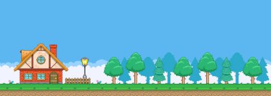 8bit renkli basit vektör pikseli sanat yatay karikatür çizimi ormanın kenarındaki şirin küçük ev retro oyun platformatında
