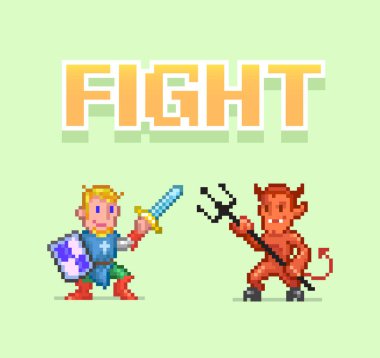 8bit renkli basit vektör pikseli resim çizimi kılıç ve şeytan ile karikatür şövalye templar retro video oyunu platformatında mızrak
