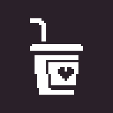 siyah ve beyaz düz düz 1bit vektör pikseli resim simgesi. Kahve için kapağı ve samanı olan kağıt bardak.