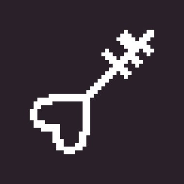 Siyah ve beyaz basit düz 1bit vektör piksel resim ikonu. Fantezi retro klasik kalp şekli anahtarı. parola giriş güvenliği