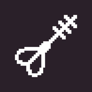 Siyah ve beyaz basit düz 1bit vektör piksel resim ikonu. Fantezi retro klasik kalp şekli anahtarı. parola giriş güvenliği