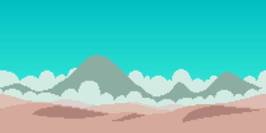 Renkli pikseller düz düz vektör çizimi çöl kum tepeleri ve dağların karikatür manzarası. 8bit retro video oyunu biçimi