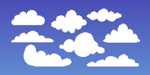 stock vector Colorful pixel art flat simple vector illustration of different form cartoon white clouds in the sky. Set of clouds. 8bit retro video game style