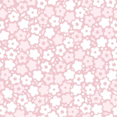 Pembe arka planlı kusursuz vektör yineleme şablonu, küçük bahar çiçekleri ve yaprakları, beyaz ve açık pembe