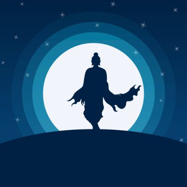 Buddha walking front of moon vector illustration