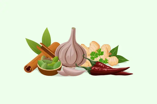 Baharatlar ve baharatlar, biber seti, sarımsak karanfilleri, tarçın ve kakule vektör çizimi