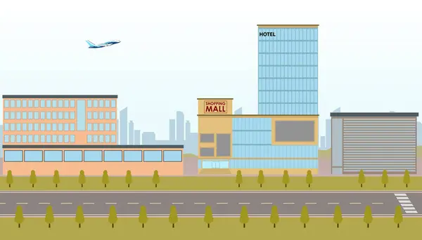 Ofis, alışveriş merkezi, otel ve ufuk çizgisi vektör illüstrasyonlu şehir manzarası