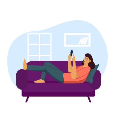 Koltukta Dinlenen Kız Cep telefonu vektör çizimi kullanıyor