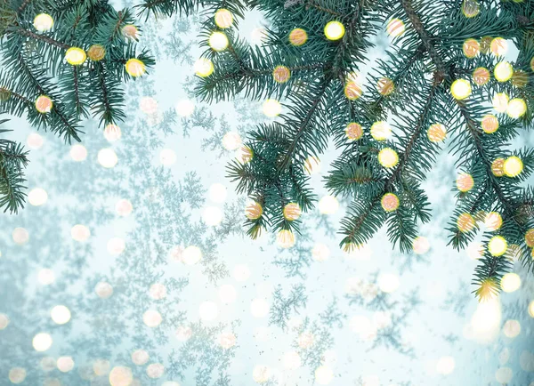 Χειμερινό Πρωτοχρονιάτικο Φόντο Χριστουγεννιάτικο Δέντρο Κλαδιά Ένα Παγωμένο Μοτίβο Και — Φωτογραφία Αρχείου