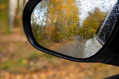 View of the autumn forest and the road in the mirror of the car in raindrops.