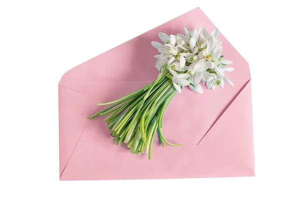 Bir Buket Bahar Kartanesi Çuha Çiçekleri Pembe Bir Zarf Yukarıdan — Stok fotoğraf