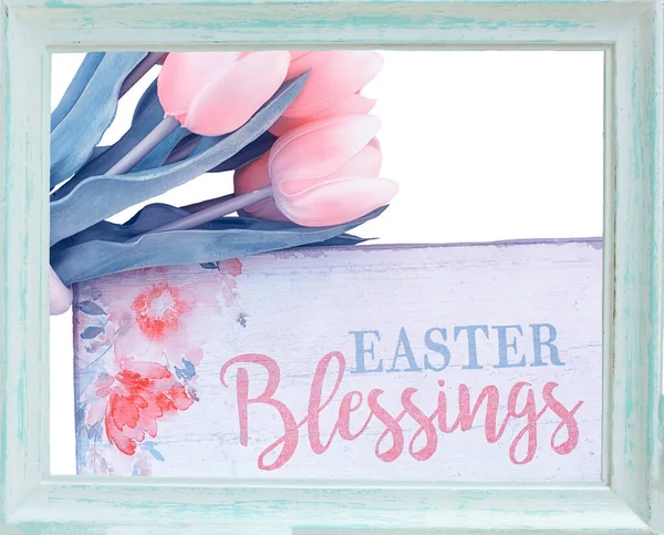 Easter Background Flowers Tulips Inscription Happy Easter Wooden Vintage Frame — Stock Photo, Image