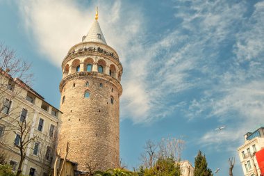 Gökyüzüne ve uçan bir uçağa karşı Galata Kulesi manzarası. İstanbul. Türkiye