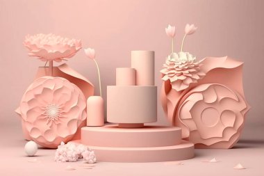 3 boyutlu podyum pastel pembe çiçek arkaplanı. Şakayık çiçeği düşüyor. Güzellik, kozmetik ürün sunumu için doğa minumum kaidesi. Valentine, kadınsı kopya alanı şablonu 3d