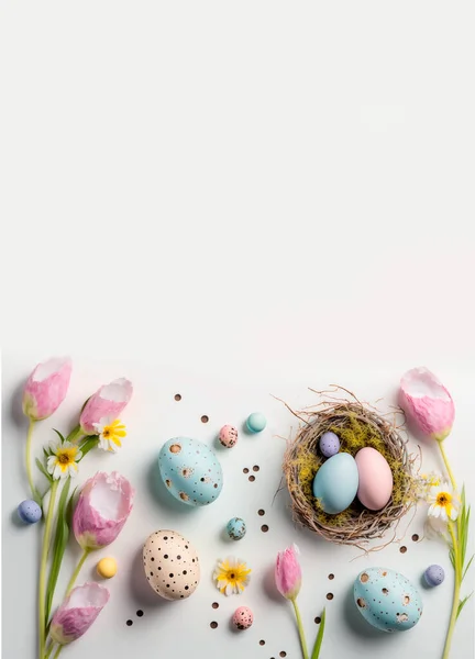 Easter banner template with Easter eggs and flower on light background. Greetings and presents for Easter Day in flat lay styling.