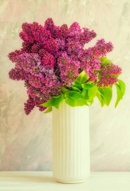Beyaz vazodaki bir demet leylak çiçeği macun gibi efektli pembe bir duvarın arka planına karşı.