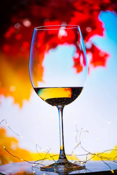 Glass Wine Background Colorful Leaves Autumn Trees Harvest Season — Stock Photo, Image