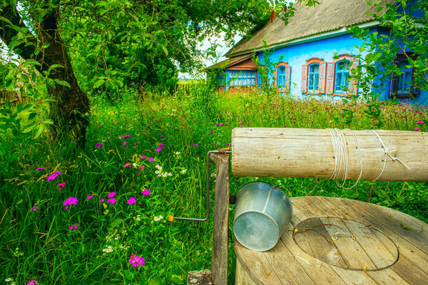 Rural house with a flowering front garden and a well. Ukraine. Zhytomyr Oblast
