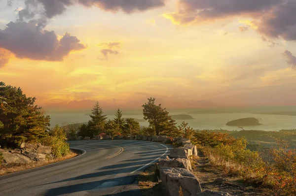 Road Slopes Mountains Overlooking Bay Atlantic Ocean Islands Sunset Light — Stock Photo, Image