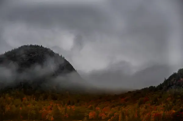 Heuvelachtige Bergen Begroeid Met Herfst Kleurrijke Bos Mistige Waas Herfst — Stockfoto