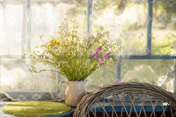 Lovely Bouquet Wild Flowers Earthenware Jug Window Veranda Vintage Village — Stock Photo, Image