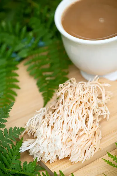 Mushroom coffee superfood. mushroom coffee with Lions mane mushrooms. A cup of coffee and mushrooms. Healthy organic energizing adaptogen