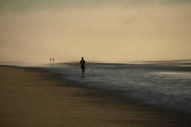 Atlantik Okyanusu kıyıları şafak vakti yoğun sis altında. Sahilde yürüyen ve şafakta koşan insanların siluetleri. ABD. Maine.
