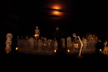 Cadılar Bayramı gecesi fotoğrafı. Geceleri mezarlık ve iskeletler.