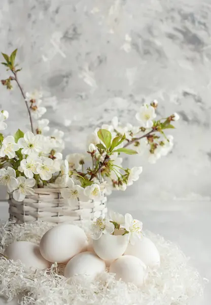 Easter spring background. White eggs and branches of blossoming cherry trees on a light background.