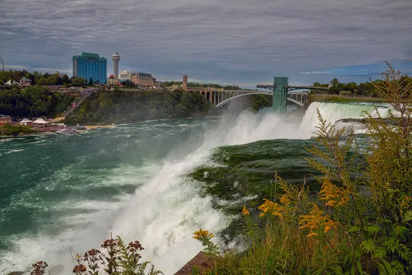 Niagara Şelalesi 'nin uçurumundan Kanada' nın karşı kıyısına bak. Bir şelalenin güçlü akıntıları ve bir uçurumun üzerindeki çiçekler.