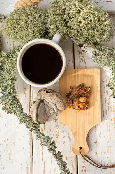 haga mushroom. Mushroom coffee chaga superfood. Dried mushrooms and and a cup of coffee. Healthy organic energizing adaptogen, endurance boosting food. View from above