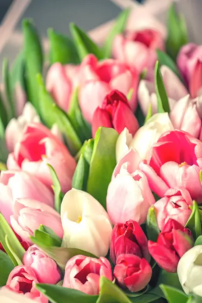 Bouquet of multi-colored spring tulip flowers