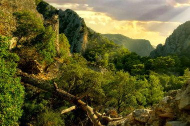 Gün batımında güzel yeşil dağlar. Lycian Yolu. Kamyon.