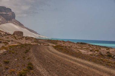 Okyanus boyunca toprak yol. Zümrüt su, el değmemiş plajlar, vahşi kayalık kıyılar. İnanılmaz bir manzara. Yemen. Socotra.