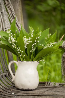 Bahar zambağı çiçekleri bahçedeki hasır bir sandalyede.