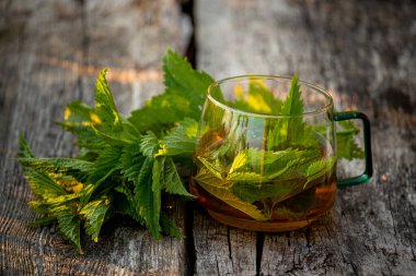 Nettle tea on a rough wooden background among nettles.  clipart