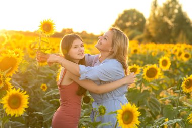 Anne ve kızı gün batımında ayçiçeği tarlasında duruyor. yumuşak güneş ışığı.