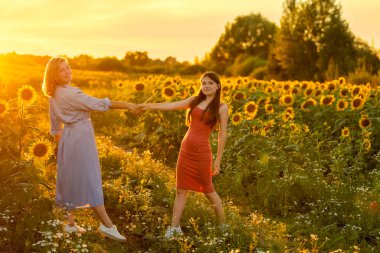  Günbatımında bir anne ve kızı toprak bir yolda ayçiçeği tarlasında eğleniyor ve el ele tutuşuyorlar..