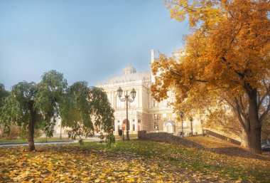 Odessa Devlet Akademik Opera ve Bale Tiyatrosu. Mimarinin güzel eski bir binasının Ukrayna sonbahar fotoğrafı