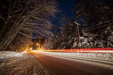 Karla kaplı dev köknar ağaçları arasında fenerlerin ışığıyla sokakta geçen kış yolu. Araba farlarının ışığı uzun süre yanar..