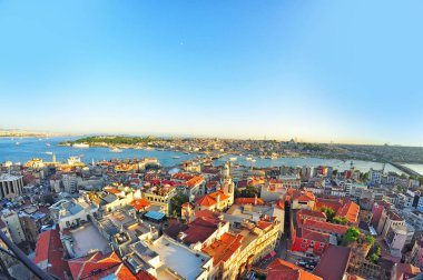 Günbatımında İstanbul ve Boğaz Körfezi manzarası yukarıdan. Boğaz Trkiye