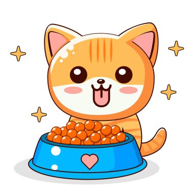 Bir kase dolusu yemeğin yanında oturan sevimli kızıl kedicik.