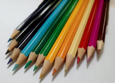 Renkli kalemler ve renkli pastel. Beyaz arkaplanda izole et