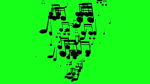 动画飞行的音乐笔记 在绿屏背景下 音乐音符在旋律中爆裂 — 图库视频影像