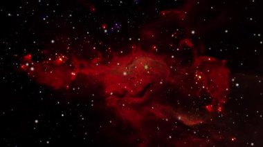 Evren 'in animasyonu. Dış uzay, kırmızı galaksi ve bulutsular arasında hareket eden yıldızlar.