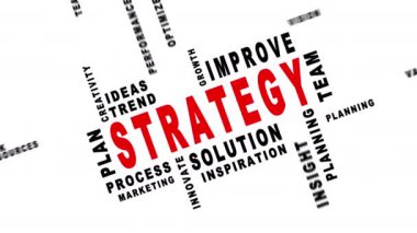 İş stratejisi geliştirme kelime bulutu. Pazarlama, açıklayıcı, sunum kinetik tipografi kırmızı, siyah, beyaz arkaplan üzerine animasyon