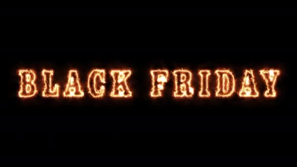 黑色星期五销售烈焰文字横幅 大型销售动画 火焰在黑色透明阿尔法通道背景下动画 — 图库视频影像