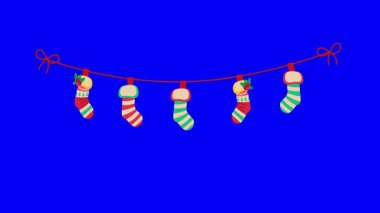 Asılı Noel çorapları mavi ekran arka planında vektör canlandırması sağlar. döngü ve döngü canlandırması