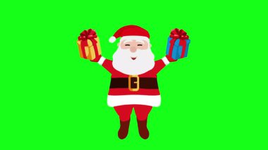 Neşeli Noel Baba, yeşil ekranda sol ve sağ elinde bir hediye kutusu tutuyor. Noel, Yeni Yıl, Kutlama, Tatil, Kutlama
